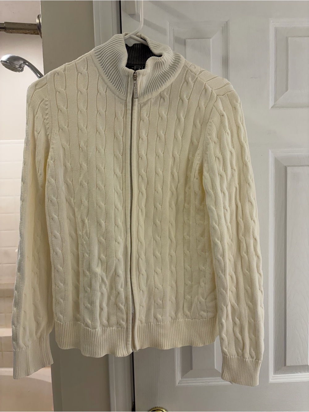 Lauren Ralph Lauren Cream Cable Zip-Up Sweater Cardigan Cotton Small